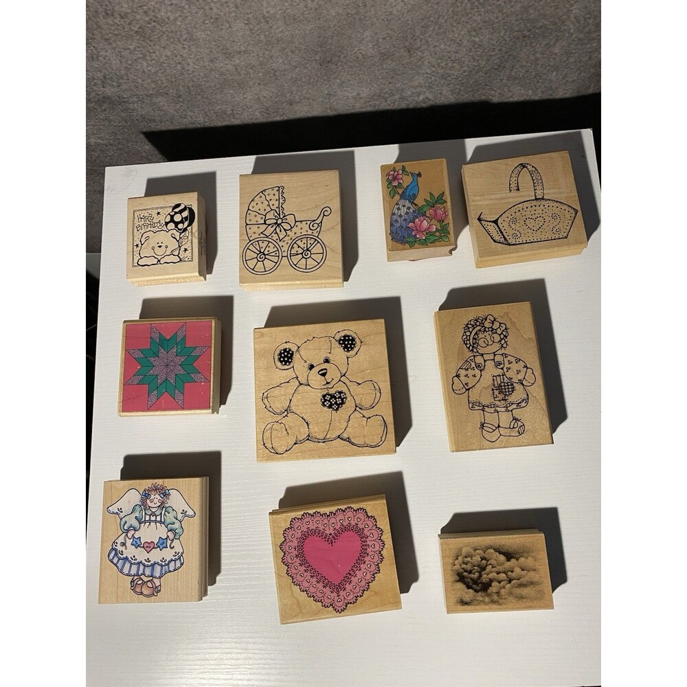 Lot of 10 Wood Mounted Rubber Stamps - Includes Vintage PSX, Floral & Nursery